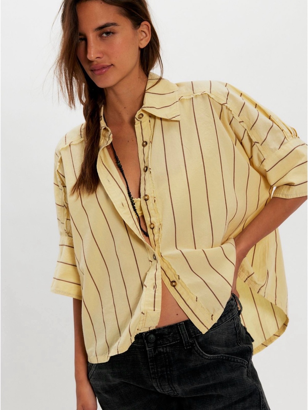 Free People Yellow Striped Button-Down Shirt NWOT - Picture 2 of 3